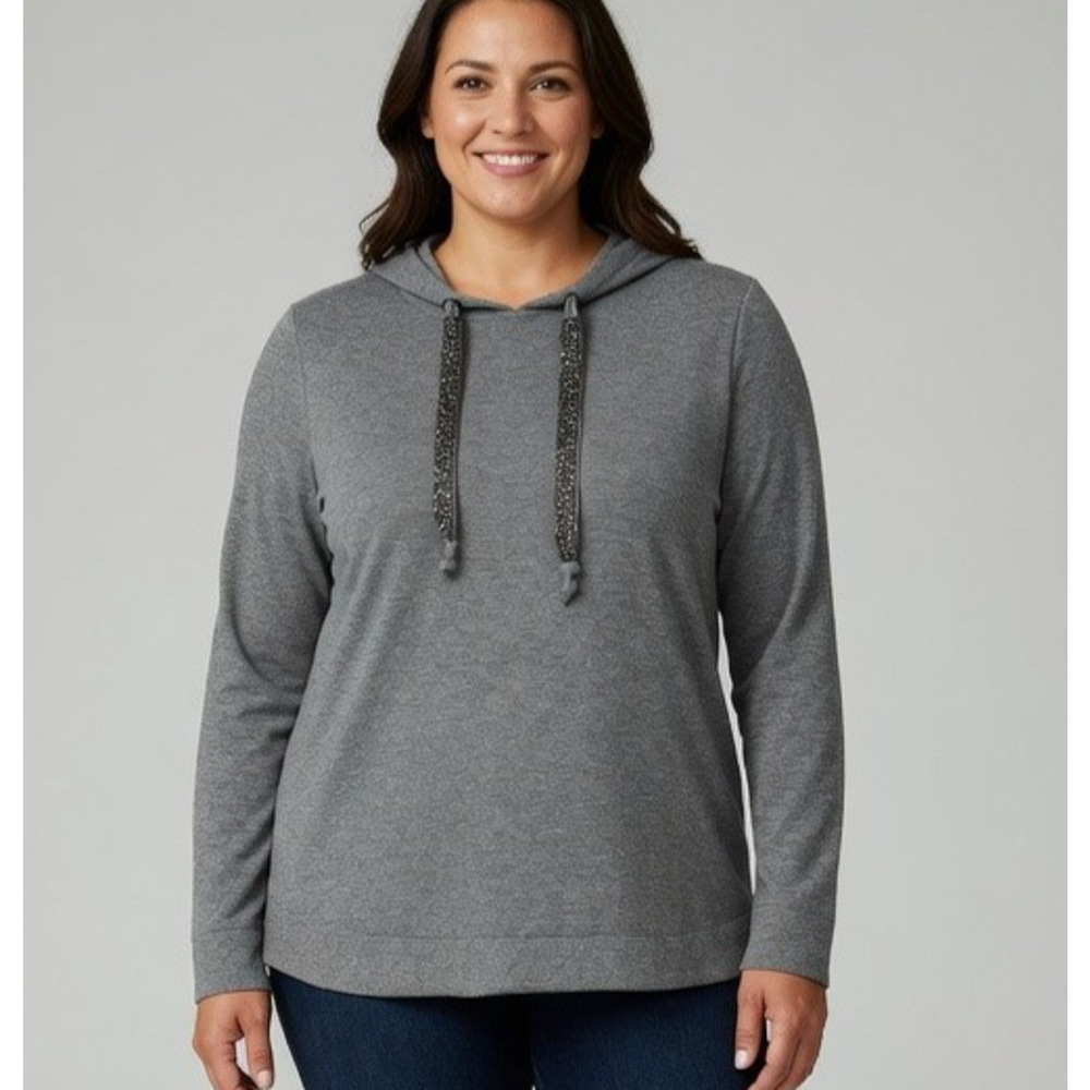 Chico’s Hooded Sweater Size 2 Large (12) Gray Cashmere Blend Sparkle Drawstring